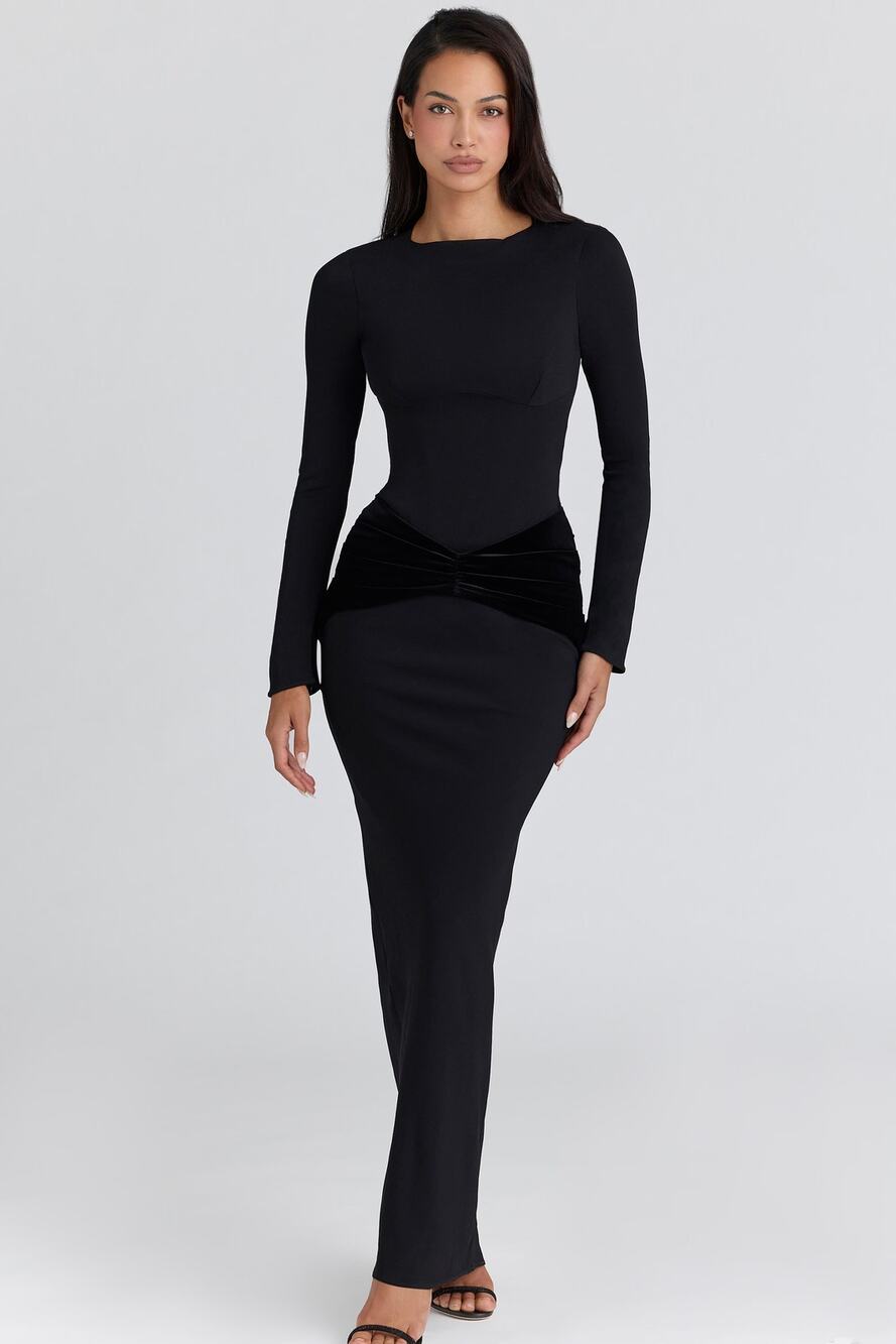 House of CB ' Athena ' Black Long Sleeve Crepe Jersey Maxi Dress